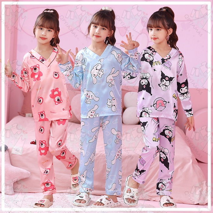 QPyjamas Kids Cartoon Kuromi Cinnamoroll Lotso Satin Pyjamas Set ...