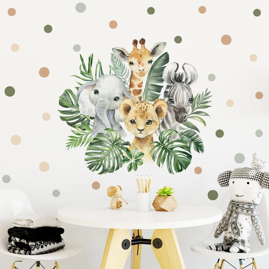 Cartoon Jungle Animals Leaves Watercolor Vinyl Wall Stickers for Kids ...