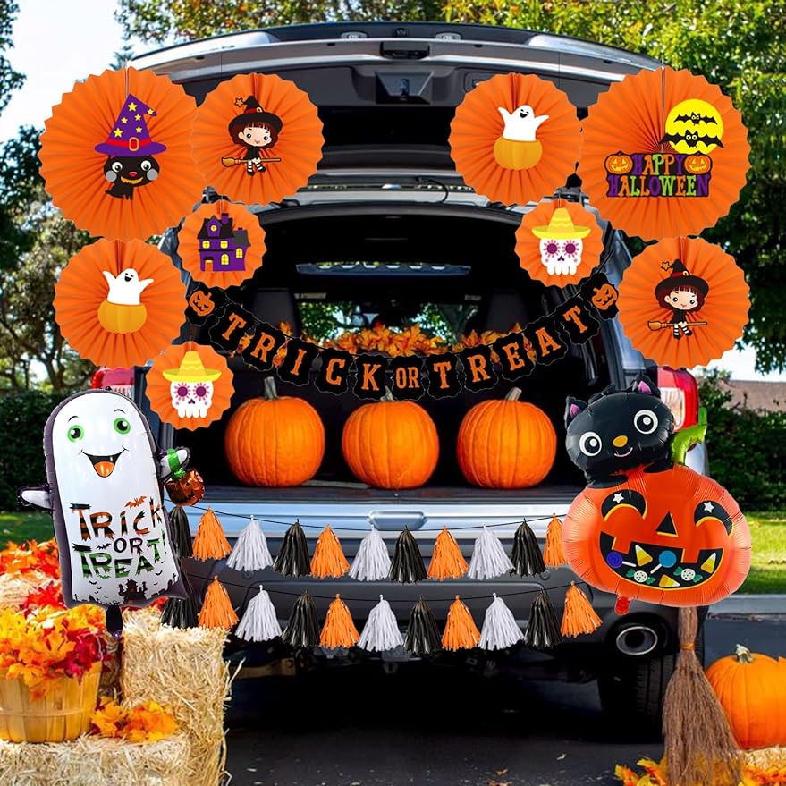 JOYMEMO Halloween Trunk or Treat Car Decorations Banner Orange Paper