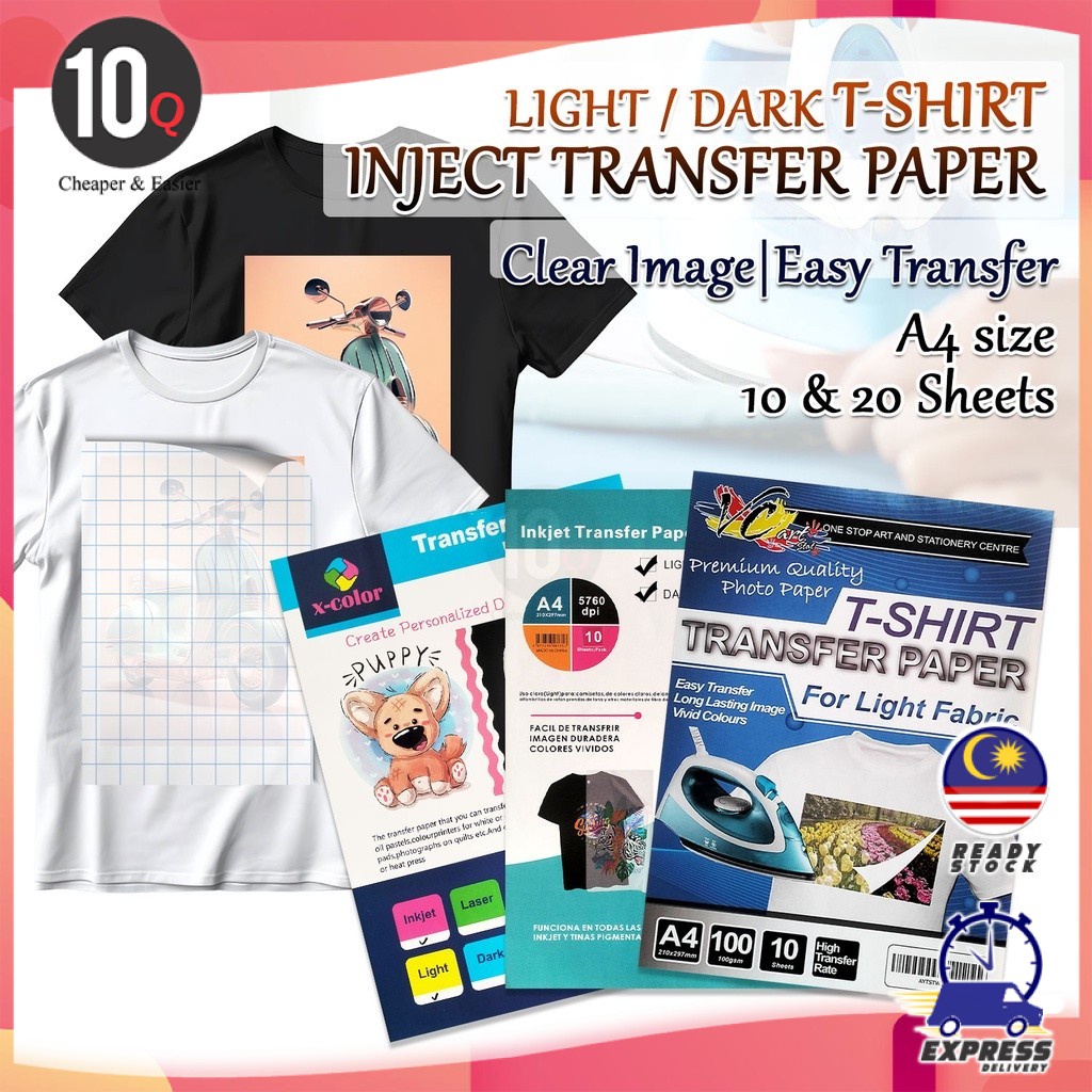10Q Inkjet Printable TShirt Transfer Paper for Light/Dark Fabric (A4