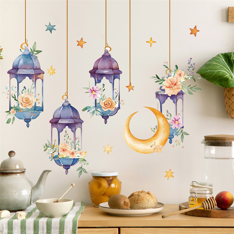 NEW Eid Mubarak Wall Sticker Gold Moon Star Lantern Wall Decal Ramadan ...