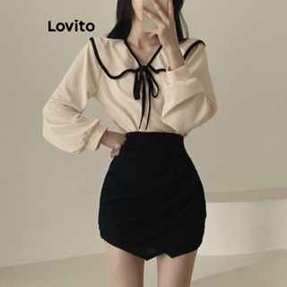 Lovito Casual Plain Contrast Tape Lace Up Ruffle Bishop Sleeve Blouse For Women Lne Multi