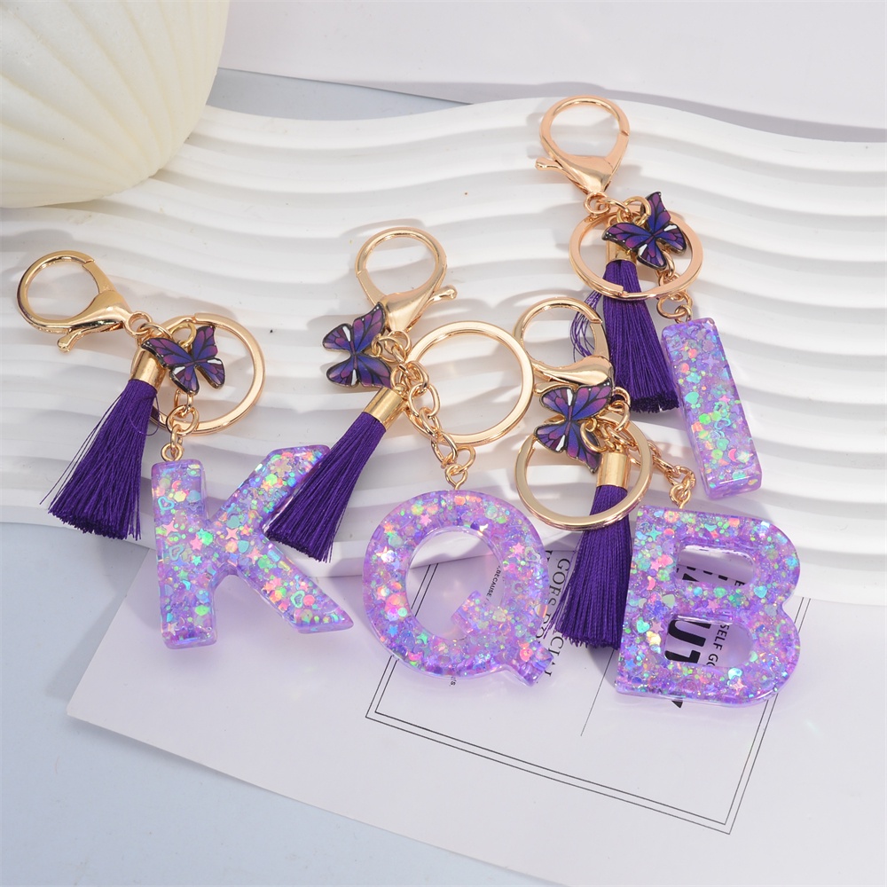 Sweet Purple 26 Letter Keychains With Butterfly Pendant Creative Sequin ...
