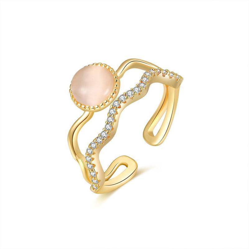 Europe and the United States gold double waveshaped open cat's eye zirconia ring, geometric