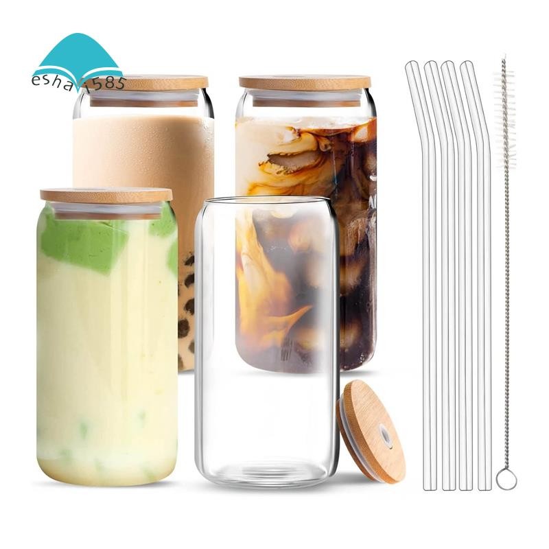 Beer Can Glass with Bamboo Lids and Glass Straws,4 Pack 16Oz Drinking ...