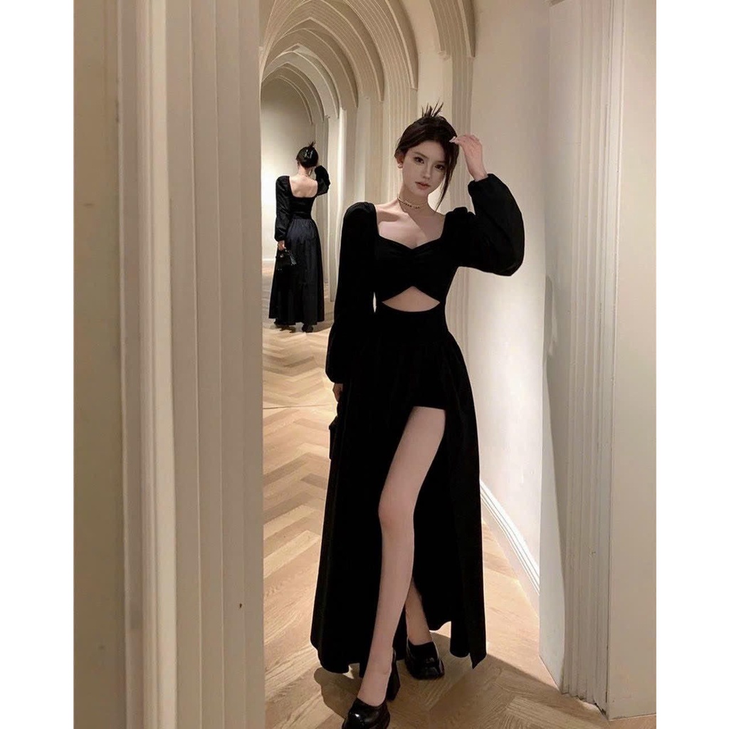 M671 - midi dress with ruffled chest open waist, split flaps, maxi ...