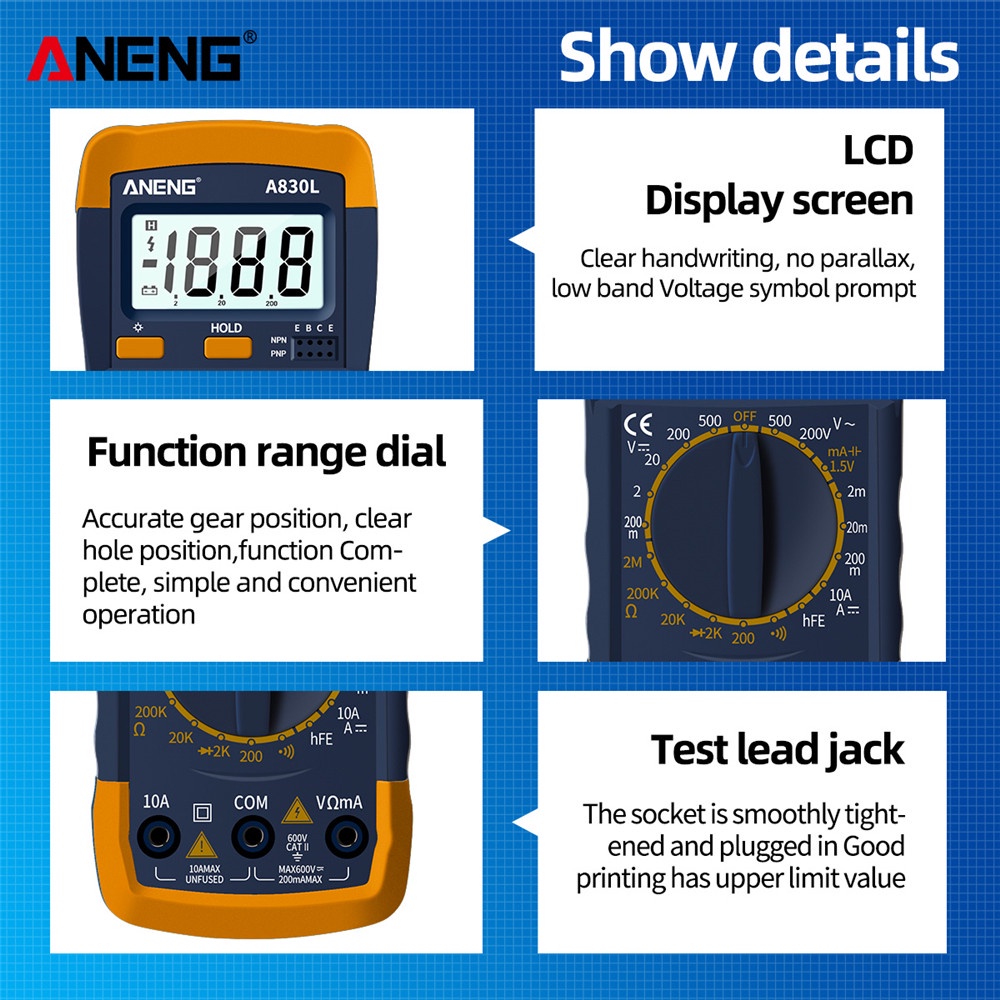 A830l Digital Multimeter DC AC Voltage Resistance Diode Multimeter LCD ...