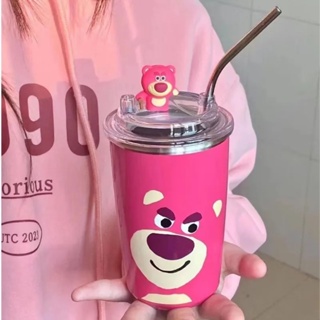 600ml Stainless Steel Straw Cup, Strawberry Bear, Office Cold Drink Cup,  Cute Cartoon Insulated Cup For Girls