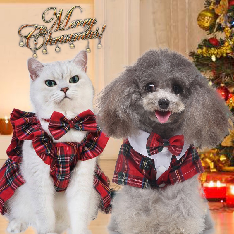 Pet Christmas Outfit for Dog Cat Red Checkered Plaid Dress Shirt Suit Dog Cat Couples Outfit for