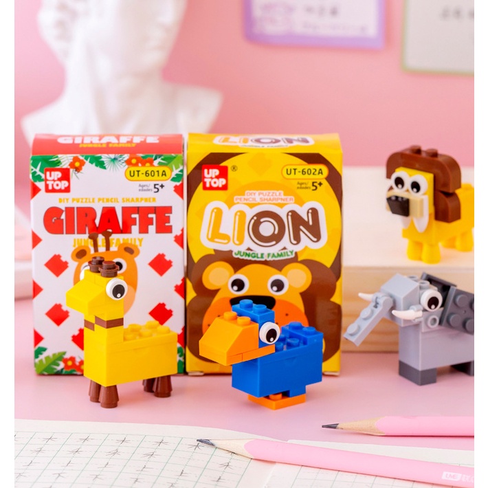 Lego Sharpener Kids DIY Puzzle Pencil Sharpener Lion Toucan Giraffe ...