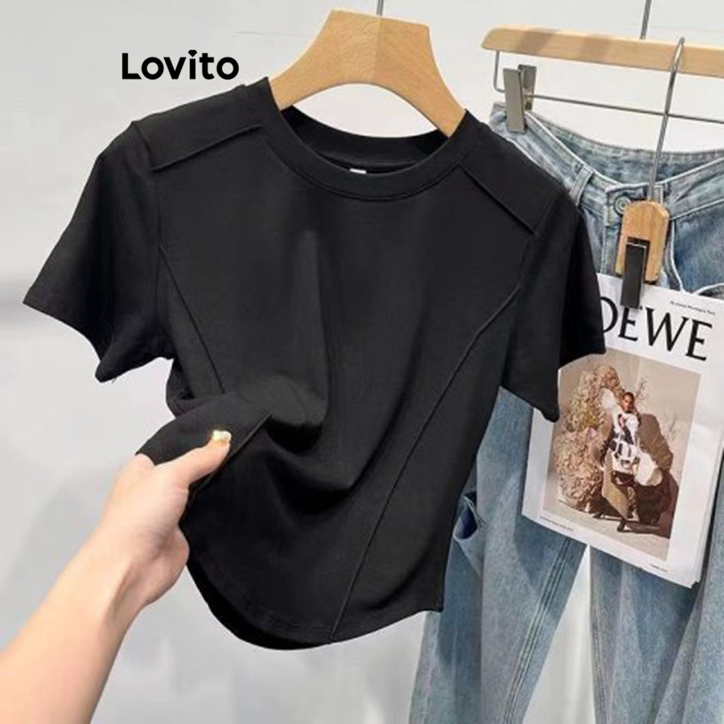 Lovito Modest Plain Structure Line T-Shirt for Women LNA27168 (Apricot ...