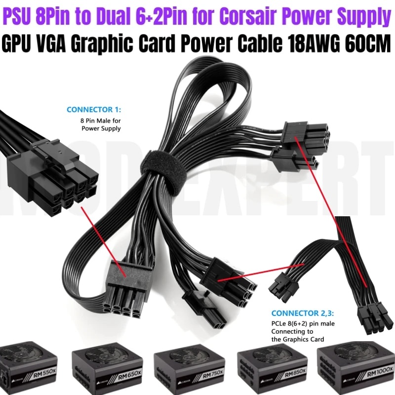 CORSAIR Original GPU VGA Power Cable 8Pin to Dual PCIe 8Pin 6+2Pin for