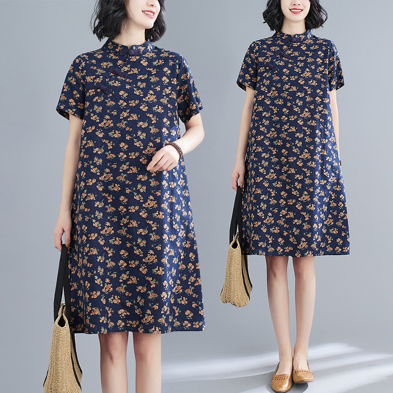 Navy Blue Summer New Retro Literature Chinese Style Qipao Loose Medium ...