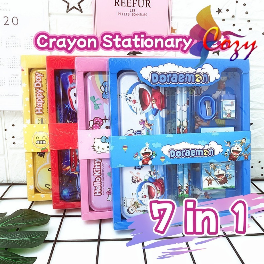 7 IN 1 Crayon Stationary Set Student Cartoon Cute School Pencil Ruler ...
