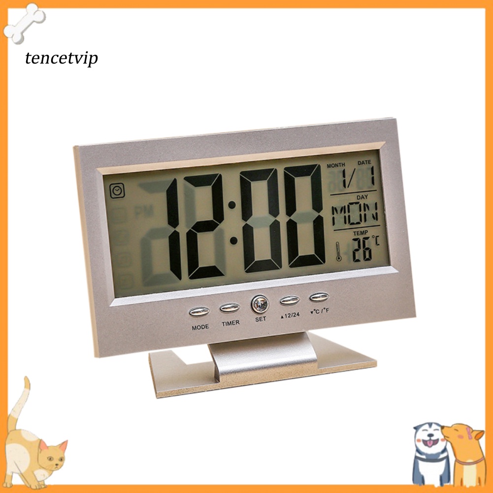tencetvip Sound Sensor Light Up LCD Digital Table Alarm Clock Calendar