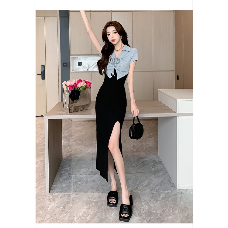 French Style Fake Two Piece Long Sleeve Sexy Slim Fit Waist Wrap Hip ...