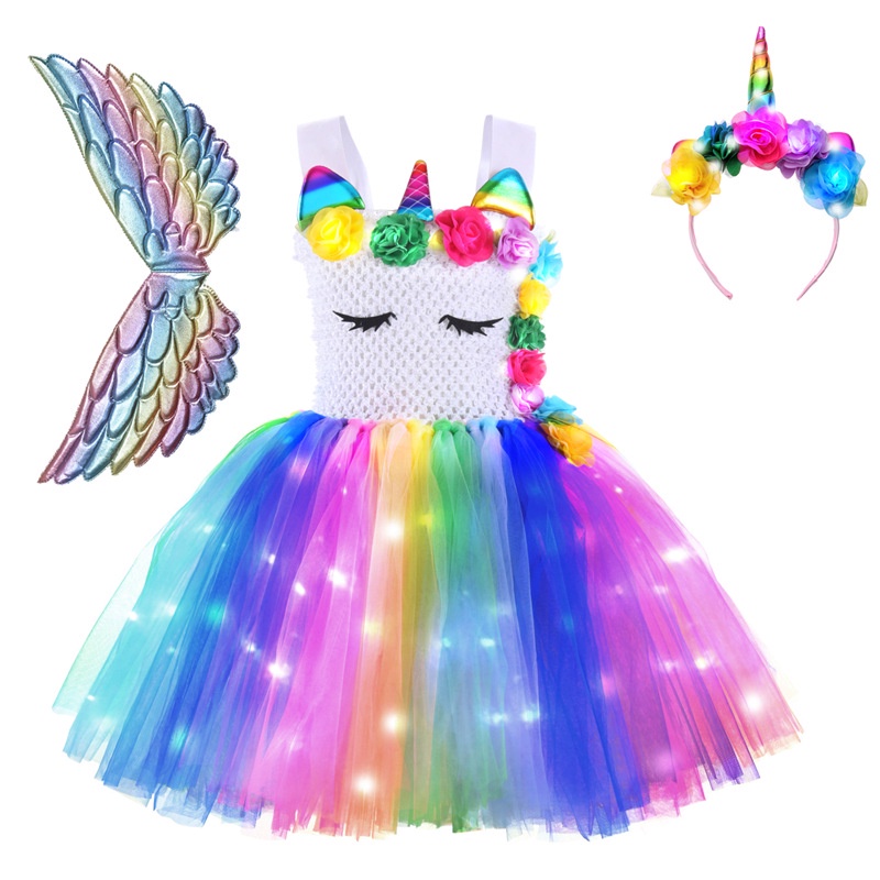 Girls Suit Unicorn Dress for Baby with Lighted Headband Tutu Girls