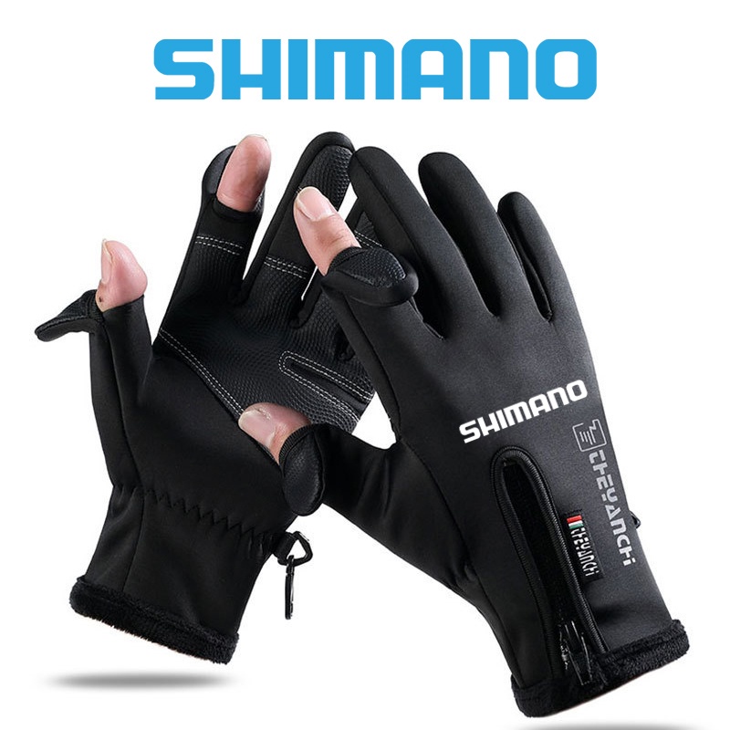 Shimano Autumn Winter Outdoor Men Fishing Gloves Two-Finger Waterproof  Touch Screen Thick Plus Fleece Non-Slip Full Finger Fishing Gloves