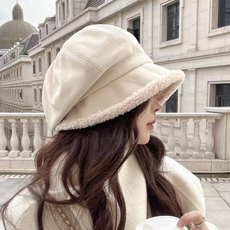 Autumn Winter Lamb Hats for Women Solid Plain Octagonal Newsboy
