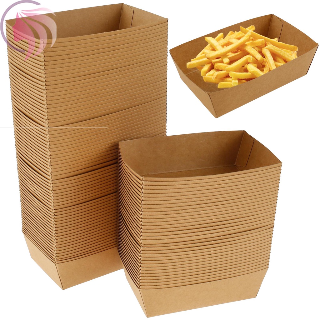 100Pcs Brown Paper Food Boxes Oil Proof Paper Food Boat Recyclable