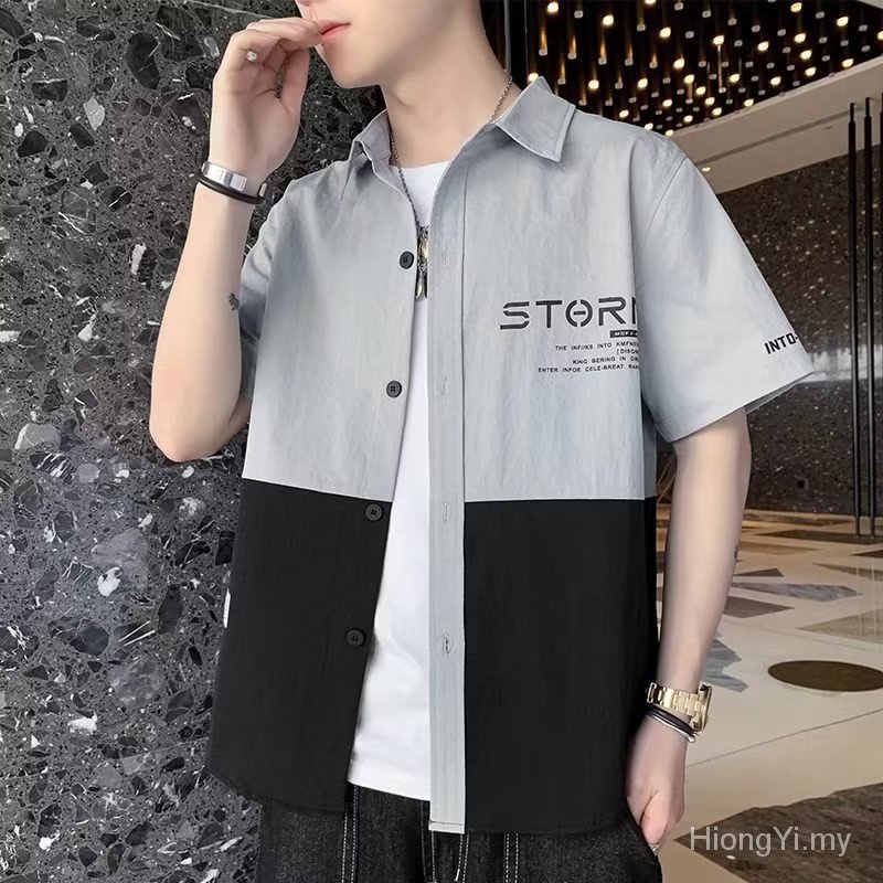 Mens Fashion Summer Japanese Style Lapel Short Sleeve Loose Shirt Casual  Blouse