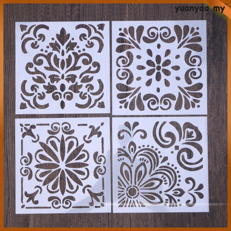 4 Sheets Stencils Set Plastic Cut Painting Stencil Floor Wall Tile ...