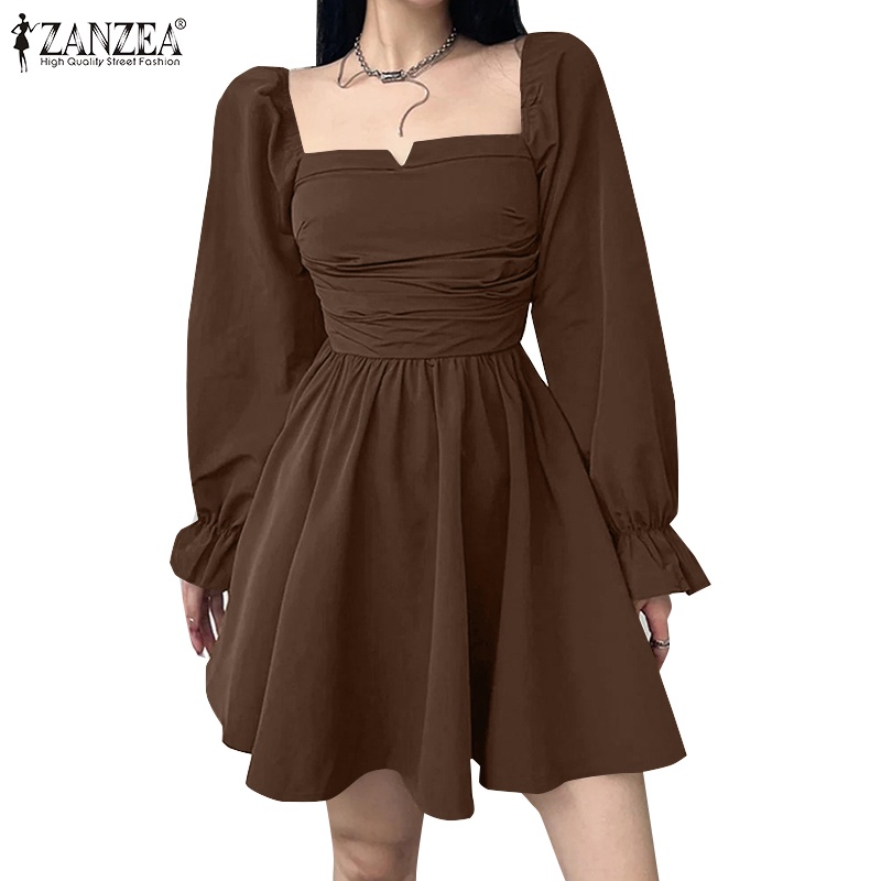 ZANZEA Women Korean Fashion Square Neck Long sleeved Waist Wrapped X-shaped  Short Dress