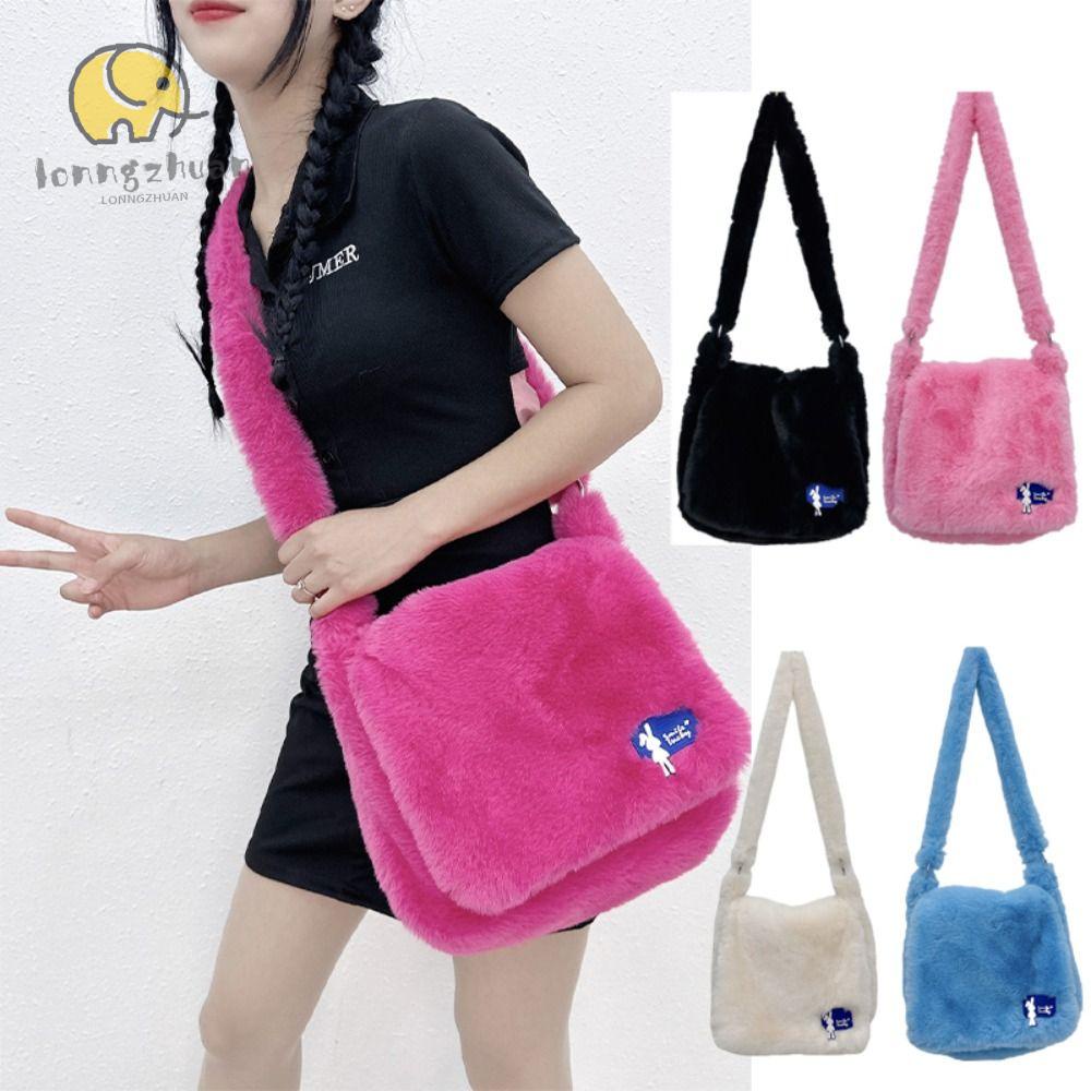 LONNGUVO Fluffy Messenger Bag, Candy Color Y2K Style Flap Crossbody Bag