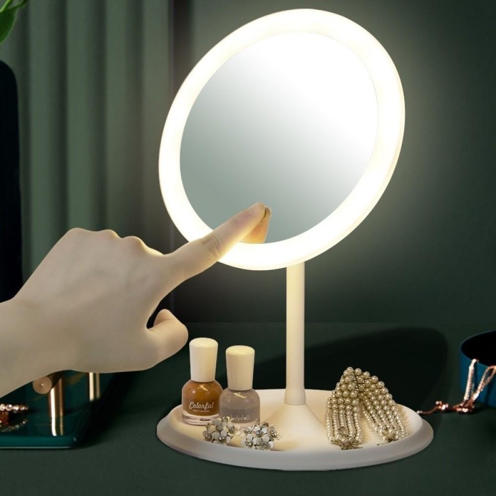 Round Led Light Table Small Mirror Cosmetic Makeup Rechargeable Cermin Makeup Bulat Lampu Led 7883