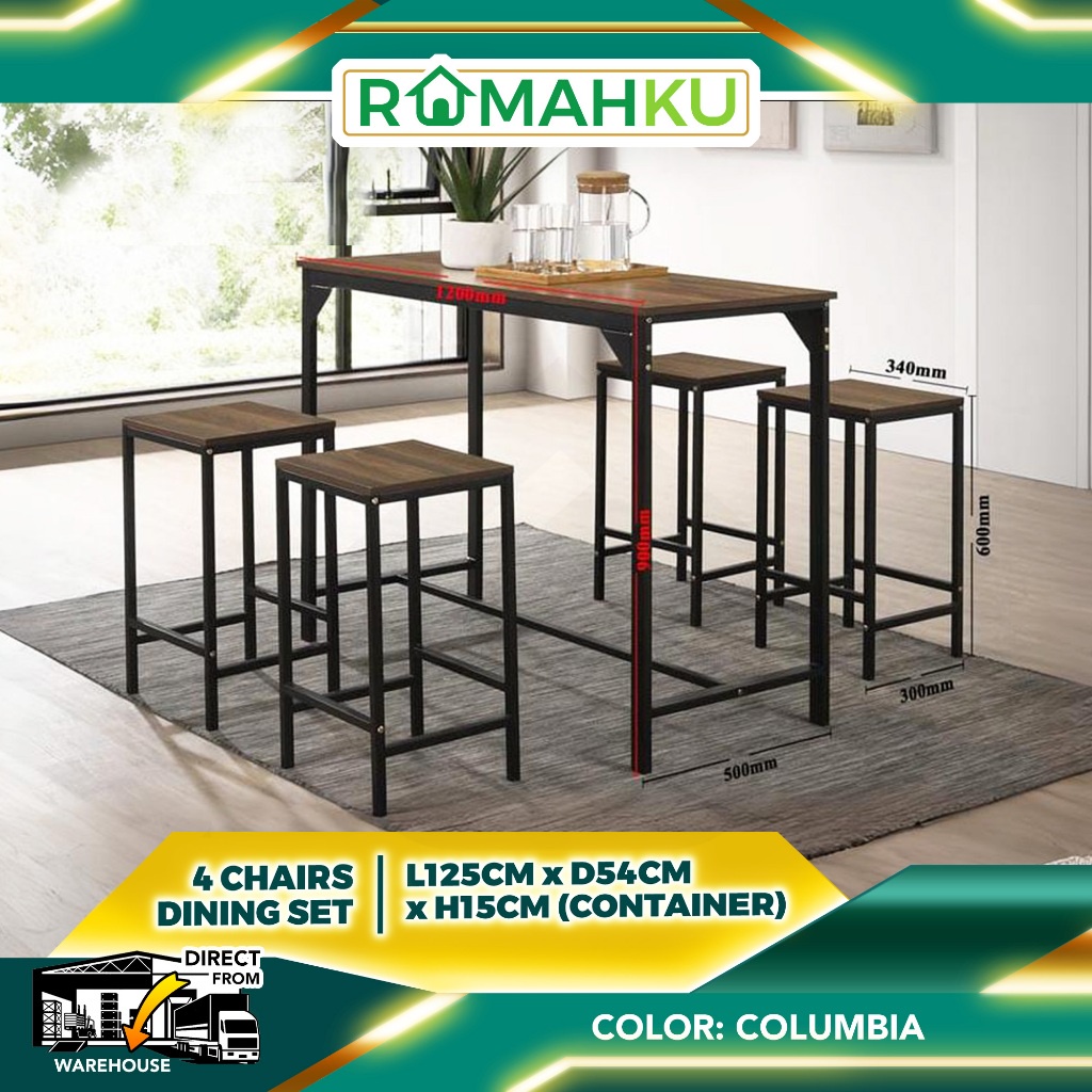 4FT Bar Table With 4 Chairs / Stool Dining Set 1+4/Meja makan set 1+4