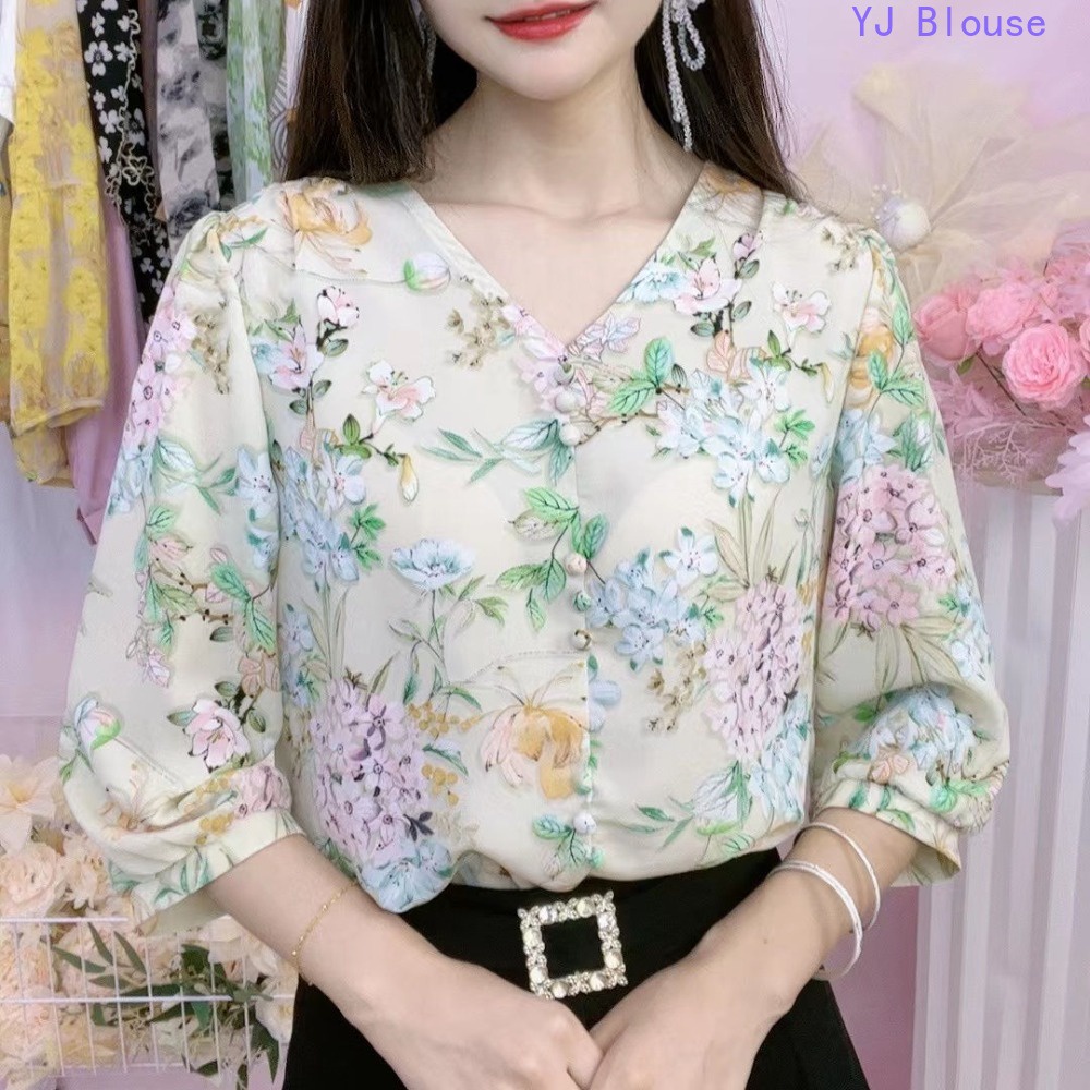 Autumn 2023 Casual Floral Printed Tops Lantern Sleeve Silk Chiffon Blouse  Shirt Fashion V Neck Women Clothing, Floral Chiffon Tops