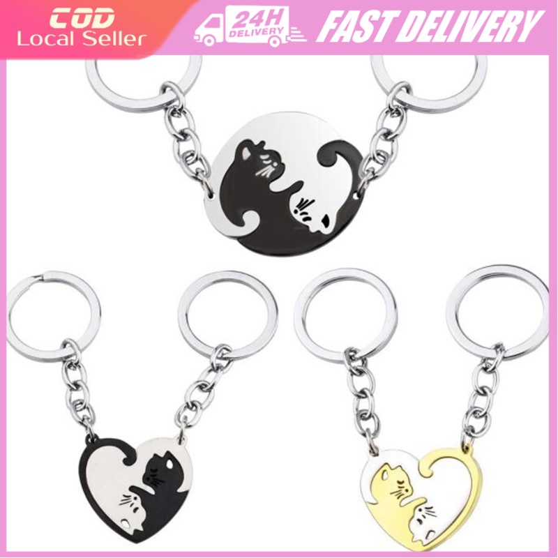 Yin Yang Couple Cats Keychains Love Heart Round Kitty Kitten Cat ...