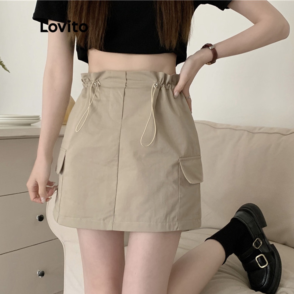 Lovito Casual Plain Pocket Drawstring A-Line Mini Skirts for Women ...