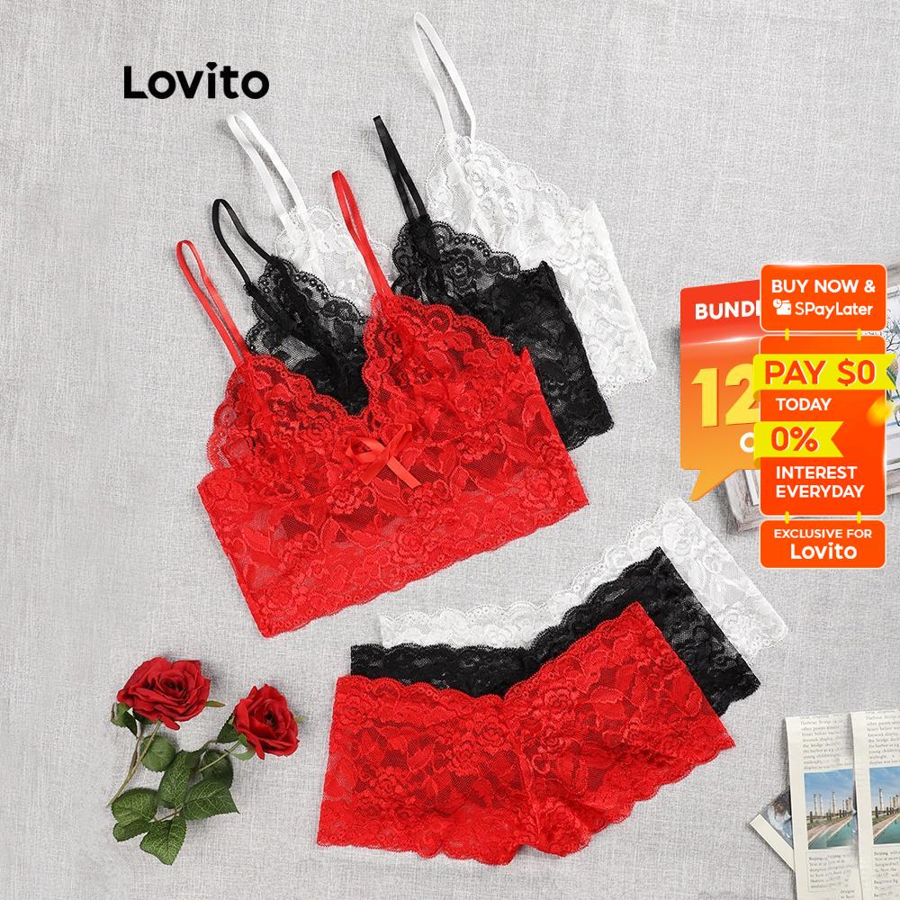 Lovito Sexy Lace Medium-stretch Bra Shorts Set Lingerie L00306 (Red/Black)  Lovito Set Celana Pendek Bra Peregangan Sedang Renda Seksi Pakaian Dalam  Wanita