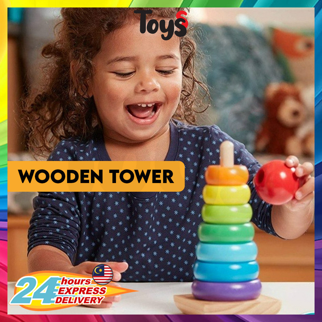 Kids Wooden Stacking Stack Up Rainbow Tower Ring Educational Toy Early ...