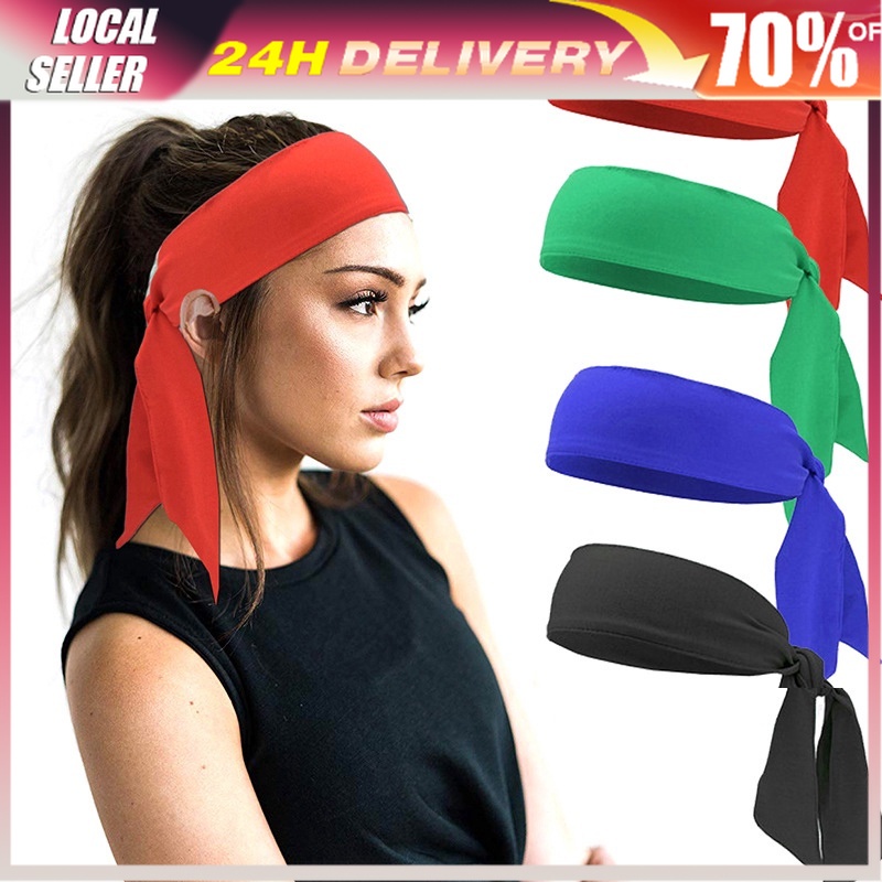 Tie Back Headband Moisture Wicking Athletic Sports Head Band Black