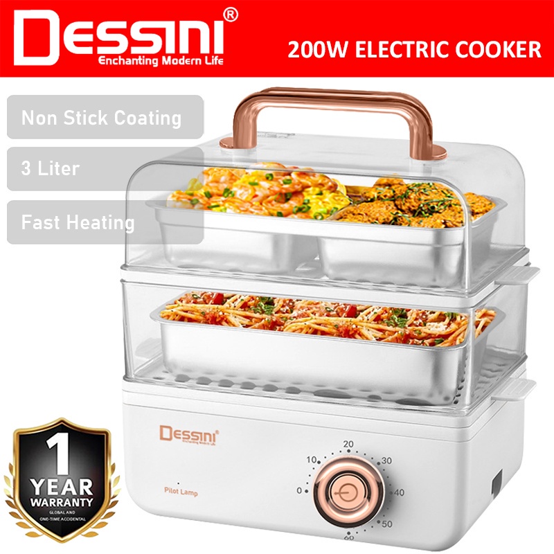 DESSINI 3 liter Electric Steamer Lunch Box Warmer Rice Cooker Non Stick Stainless Steel Periuk