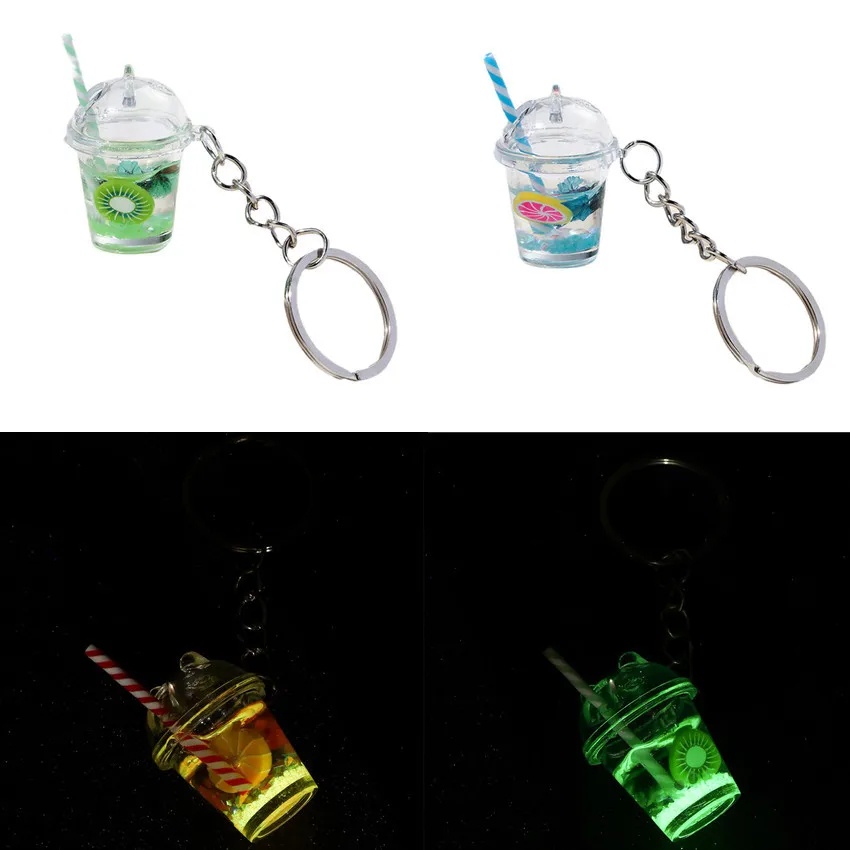 Creative Mini Luminous Milk Bubble Tea Cup Keychain Acrylic Fruit Kiwi ...