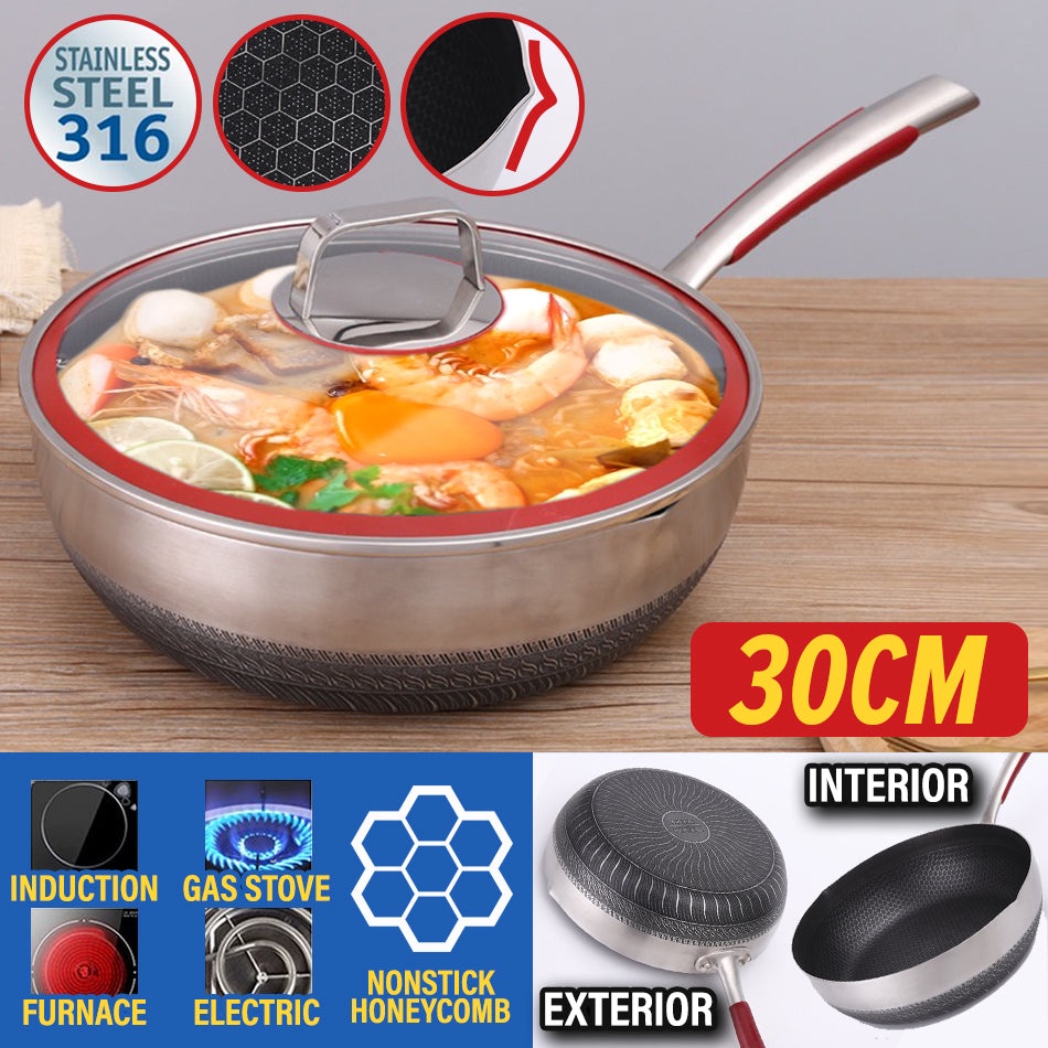 Elantas [ 30CM ] SUS316 Stainless Steel Nonstick Honeycomb Cooking Wok ...