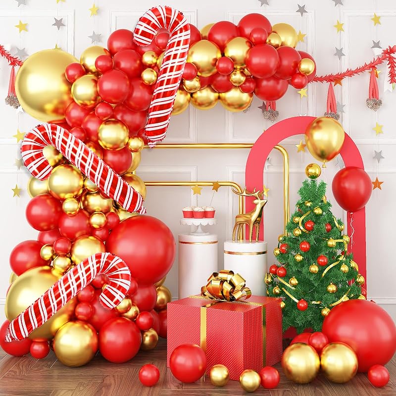 97pcs Merry Christmas Balloon Garland Diy Set Red Gold Christmas Balloon Arch With Walking Cane 2172