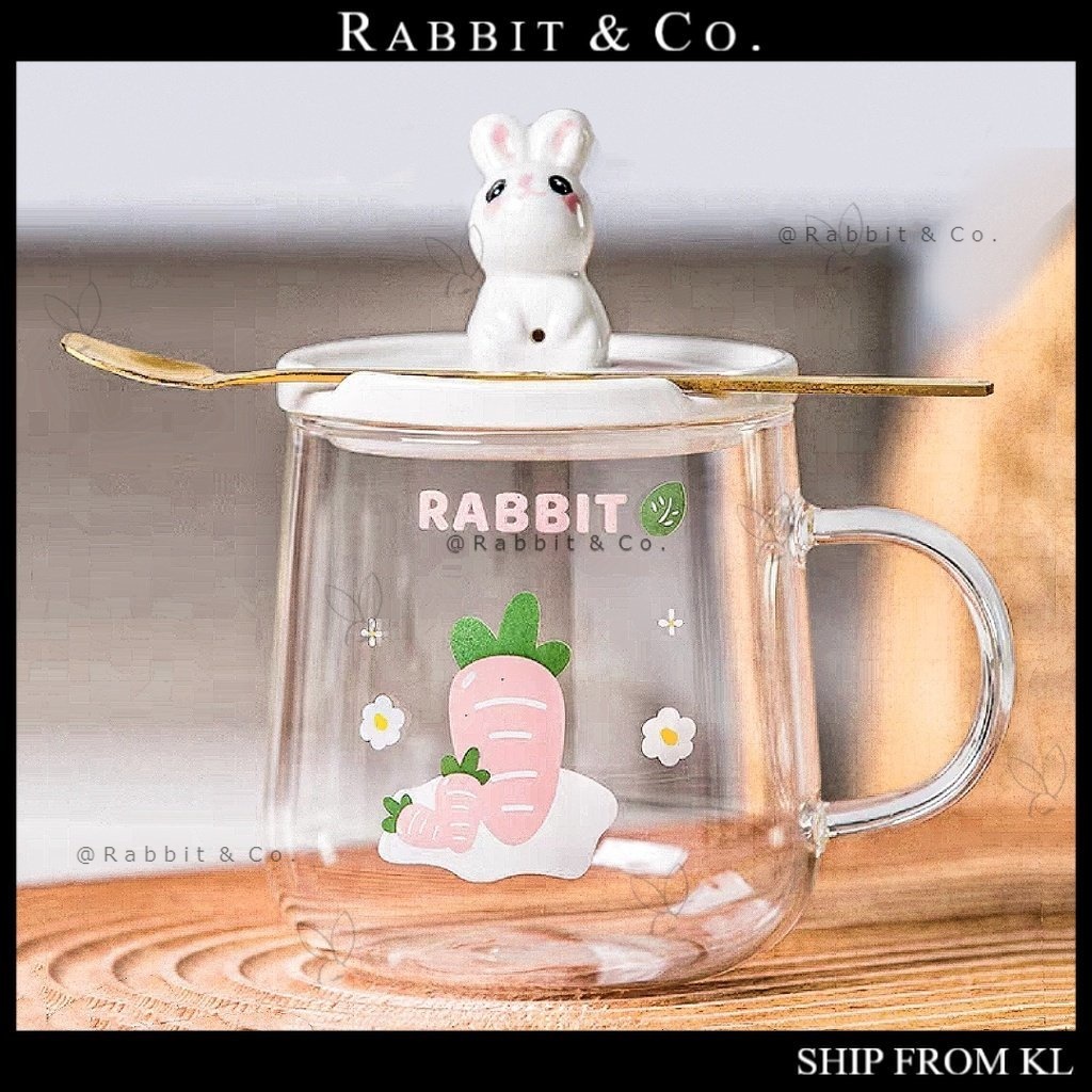 R&C 450ml Radish Rabbit Glass Cup With Ceramic Lid and Spoon Cute ...
