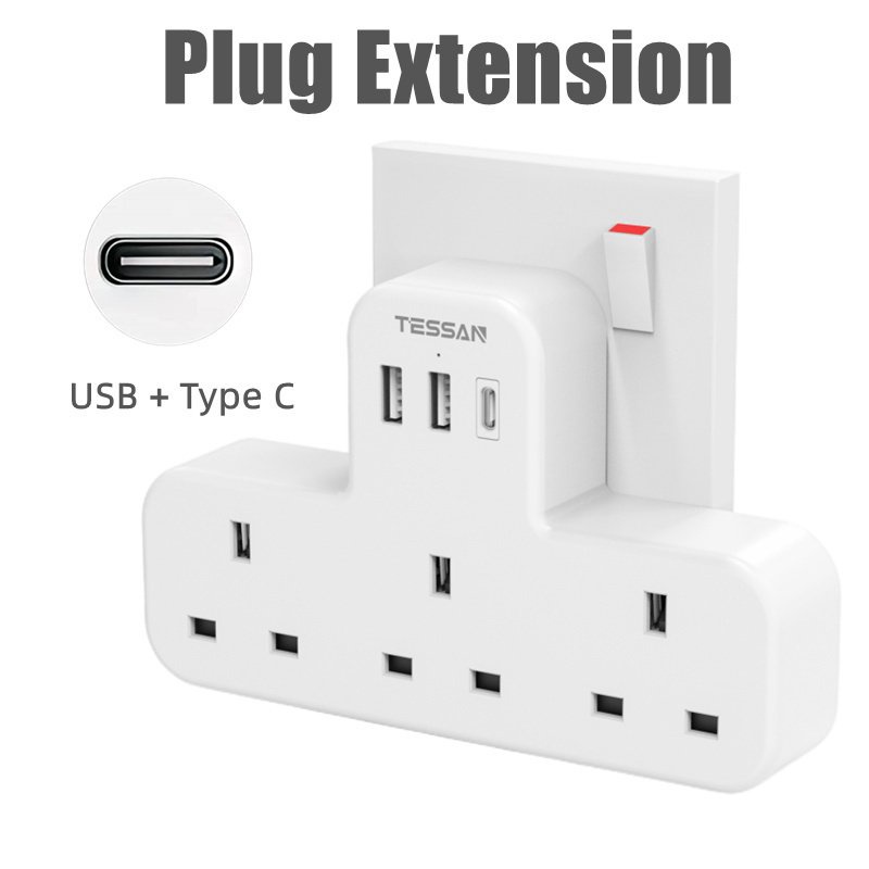 TESSAN Multi Plug Adapter with USB C,3 Way Extension Plug with USB+Type C,Wall Extension Socket