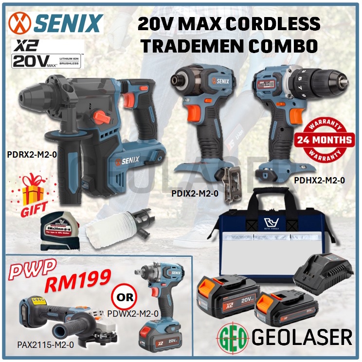 SENIX 20V Combo Set Rotary Hammer & Impact Driver & Hammer Drill With 2 Battery 1 Charger & 1