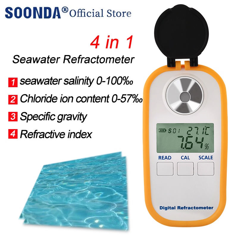 4 in 1 Digital Refractometer Seawater Salinity Meter Hydrometer Specific Gravity Tester Chloride