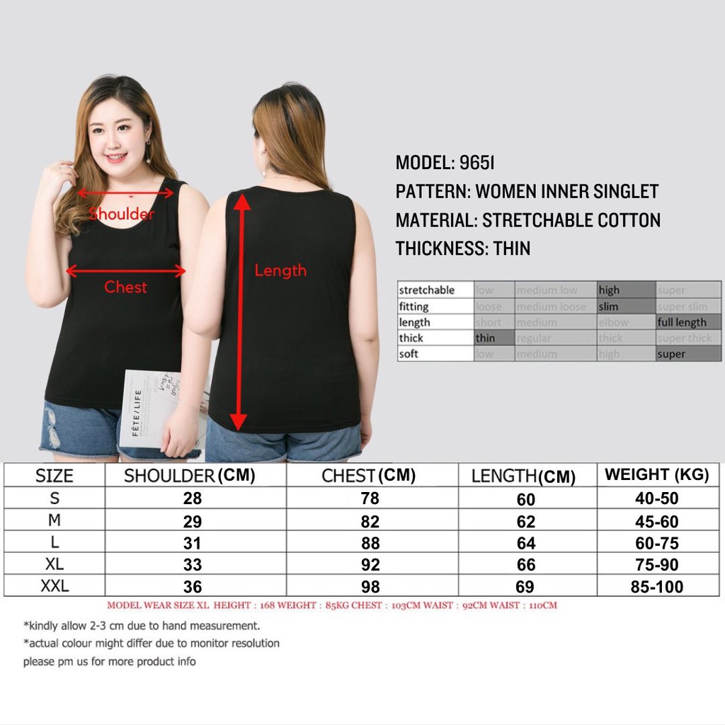 CY 9651 PLUS SIZE SINGLET INNER / SINGLET PEREMPUAN SIZE BESAR / BLACK ...