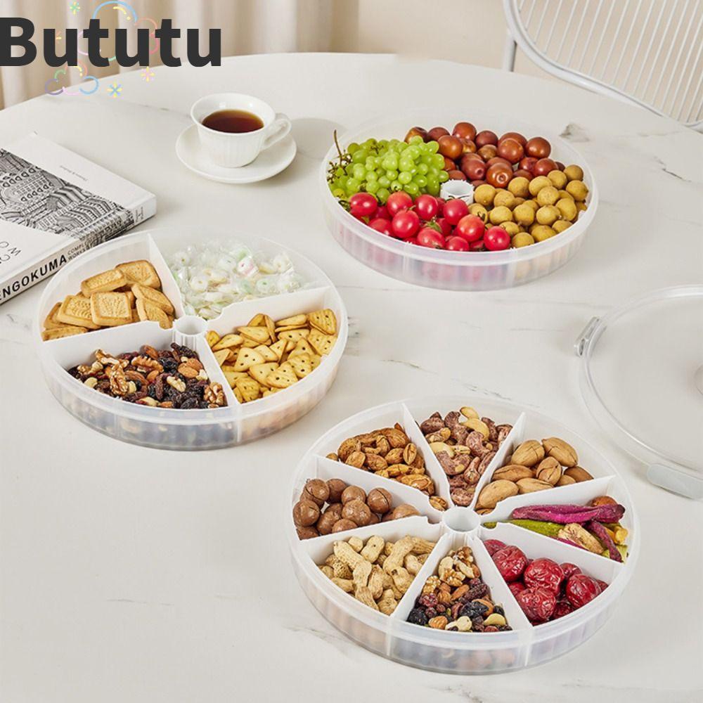 BUTUTU Round Divided Serving Tray, DIY Divided with Lid Round Dried Fruit Plate, Food Storage