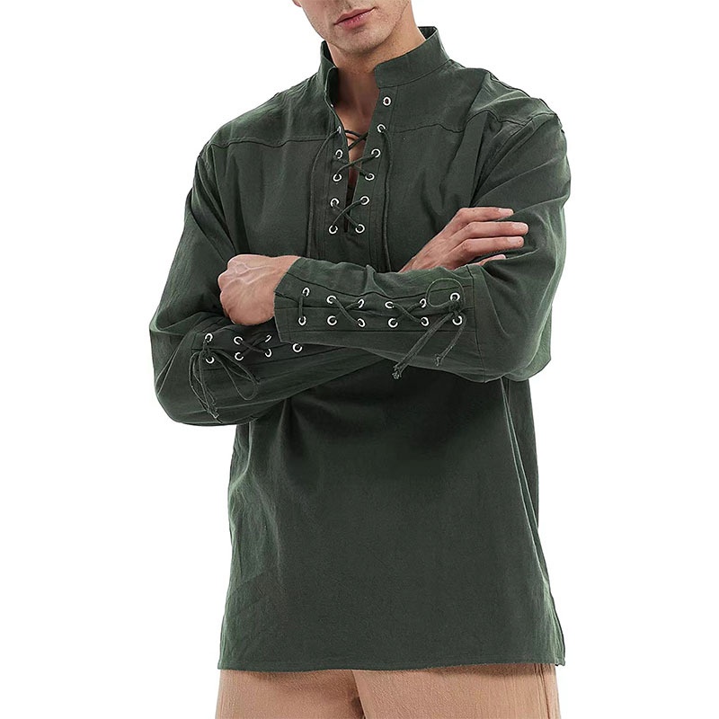 Qekoma Men's Cotton Linen Lace Up Shirts Pirate Medieval