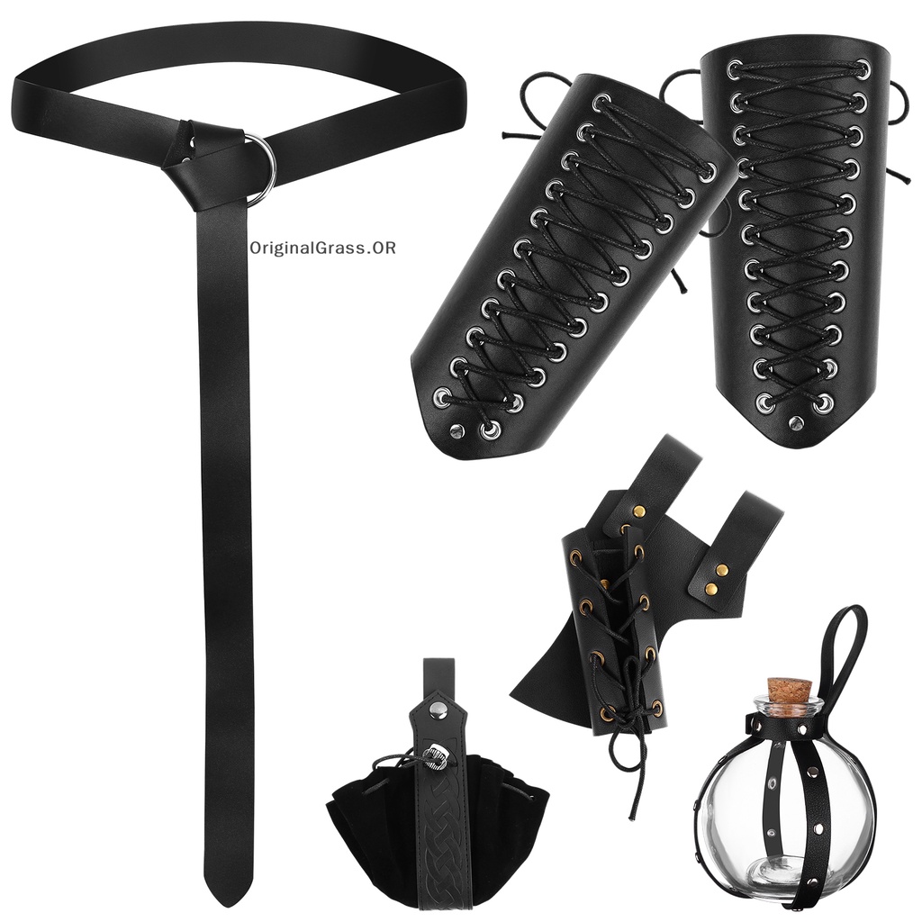 Orig 5 Pcs Halloween Accessories Set Dark Magic Cork Potion Witch Bottles Medieval Leather Belt
