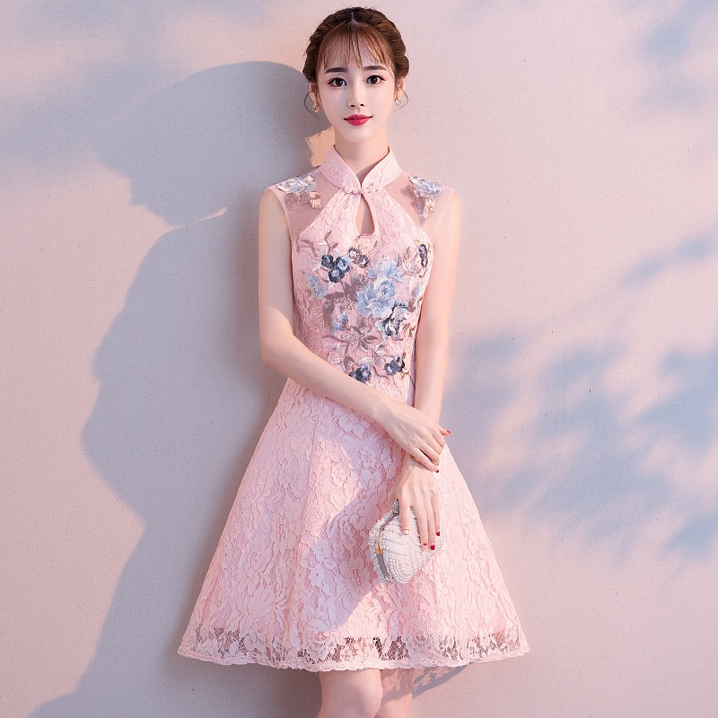 Women s Short Qipao Dress Chinese Style Sleeveless Stand Collar Flower Embroidery Slim Lace A line Dresses Wedding Dinner New Year Party Host Gown Shopee Malaysia