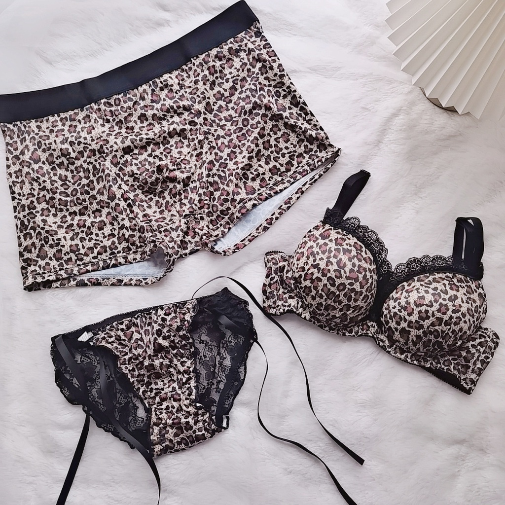Leopard Print Couple Underwear Lace-Up Sexy Bra Ice Fabric Male Boxer ...